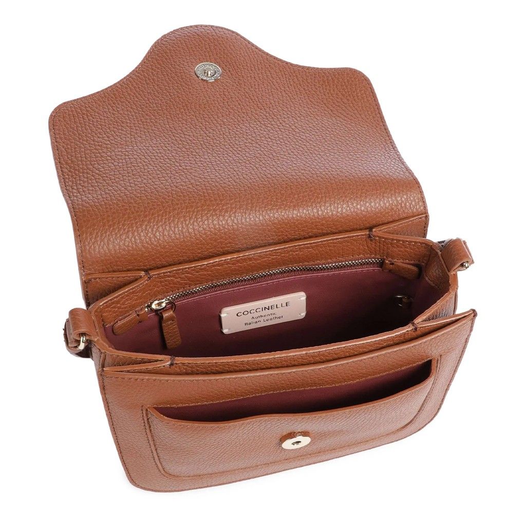 Coccinelle Tracolla Cognac – Luxus Crossbody Tasche aus Echtleder mit Gold-Logo